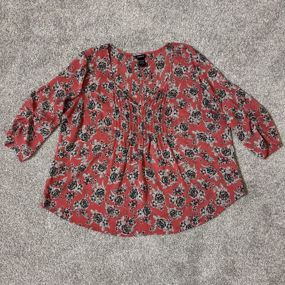 Torrid Blouse Womens 0 Coral Black Floral 3/4 Sleeve Pleated Sheer Top